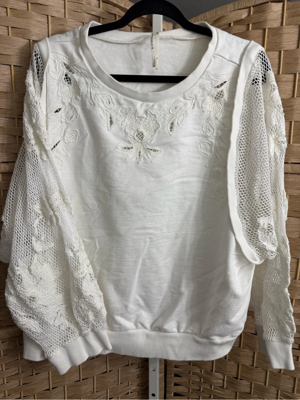 By Anthropologie Cream Lace Balloon-Sleeve Crewneck Sweatshirt Sz XL Boho